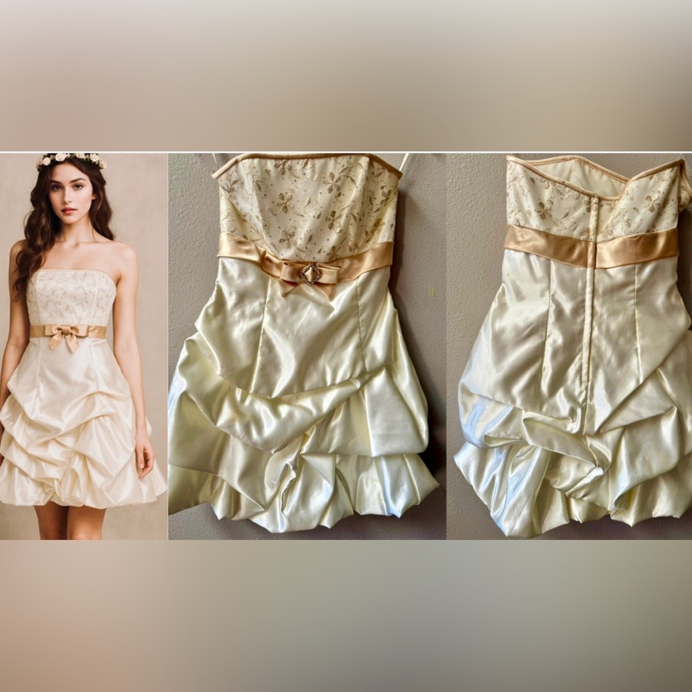 JESSICA McCLINTOCK  X GUNNE SAX IVORY/GOLD SATIN “PICK UP” SKIRT MINI DRESS Sz.5